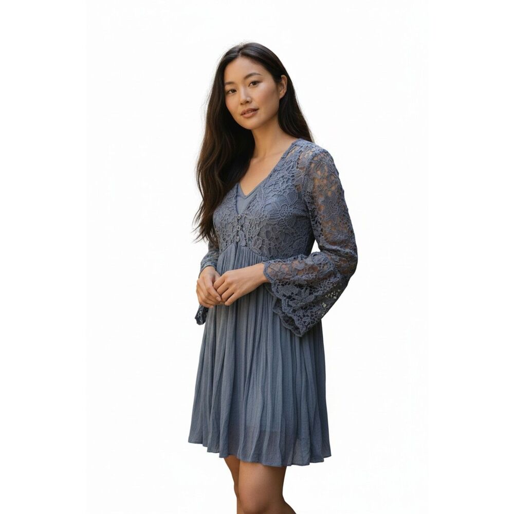 Rebellion Lace-Detail V-Neck Blue Gray Women's Boho Mini Dress Size Medium